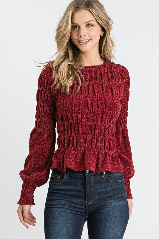 SHIRRED CHENILLE KNIT SWEATER TOP WTH PUFF SLEEVES