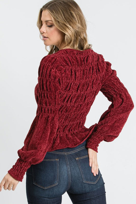 SHIRRED CHENILLE KNIT SWEATER TOP WTH PUFF SLEEVES