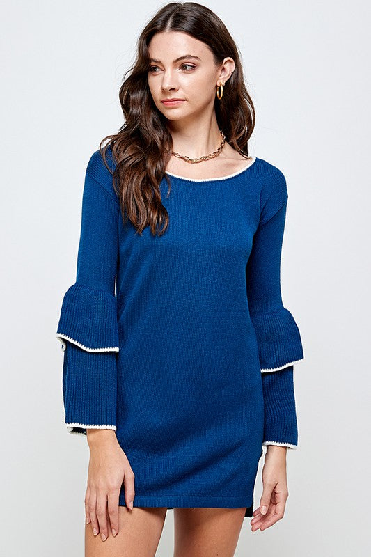 KNIT SWEATER DRESS WITH DOUBLE RUFFLE SLEEVES