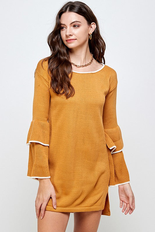 KNIT SWEATER DRESS WITH DOUBLE RUFFLE SLEEVES