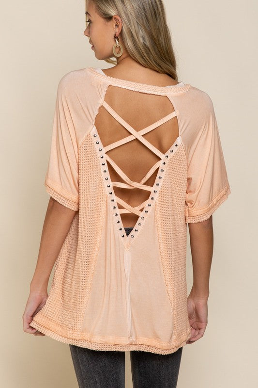 Studded Strappy Back Waffle Mixed Knit Top