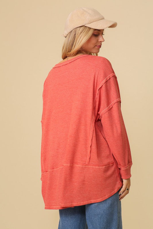 Thermal high low v-neck oversized top
