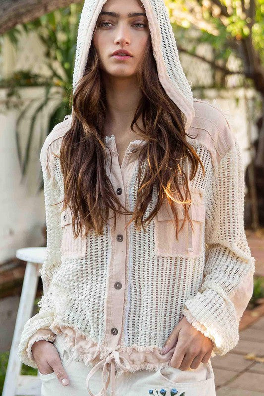 Open knit button down pocket hooded shirt top