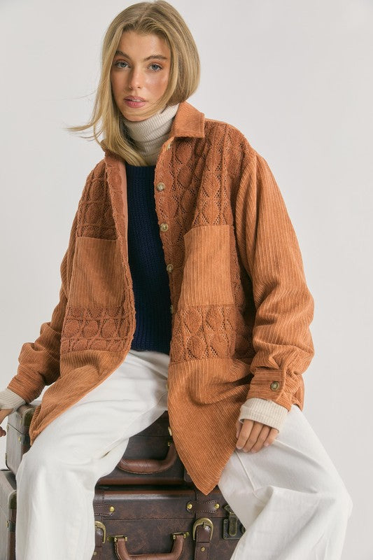 VELVET LACE DETAILS MIXED RELAXED CORDUROY SHACKET