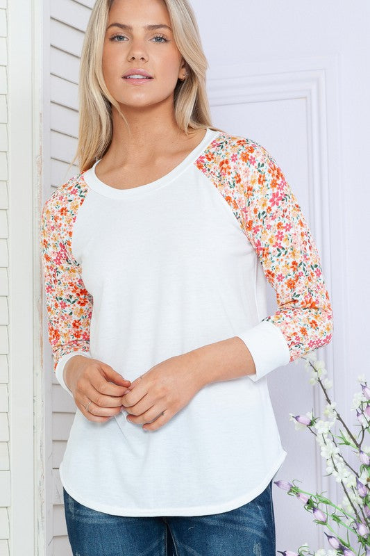 Plus Solid Floral Long Sleeve Top