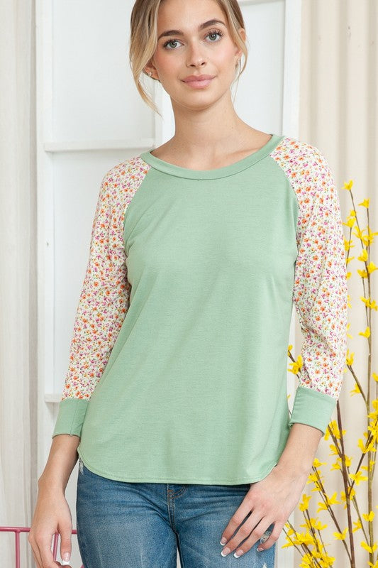 Plus Solid Floral Long Sleeve Top