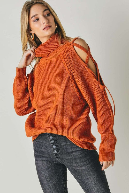 SOLID TURTLE NECK CUTOUT LONG SLEEVE SWEATER
