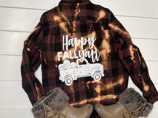 Happy Fall Ya'll Bleach-dipped Flannel